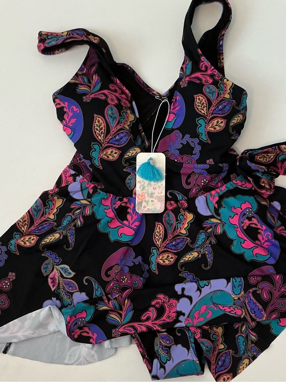 Johnny Was Black Paisley Floral One-Piece with Teal, Pink & Purple Accents